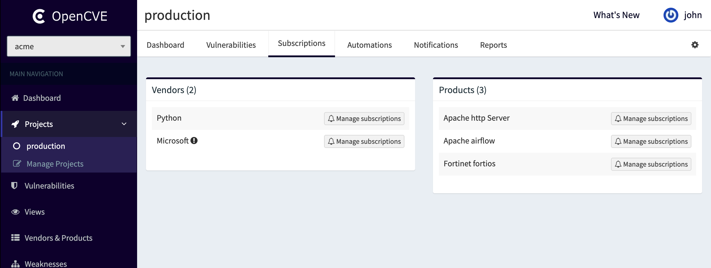 OpenCVE API subscriptions example