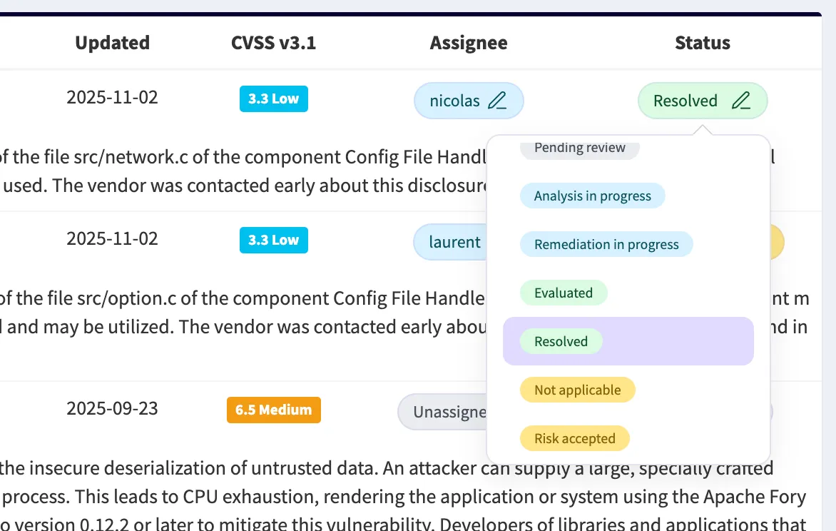 Assign CVE in detail view